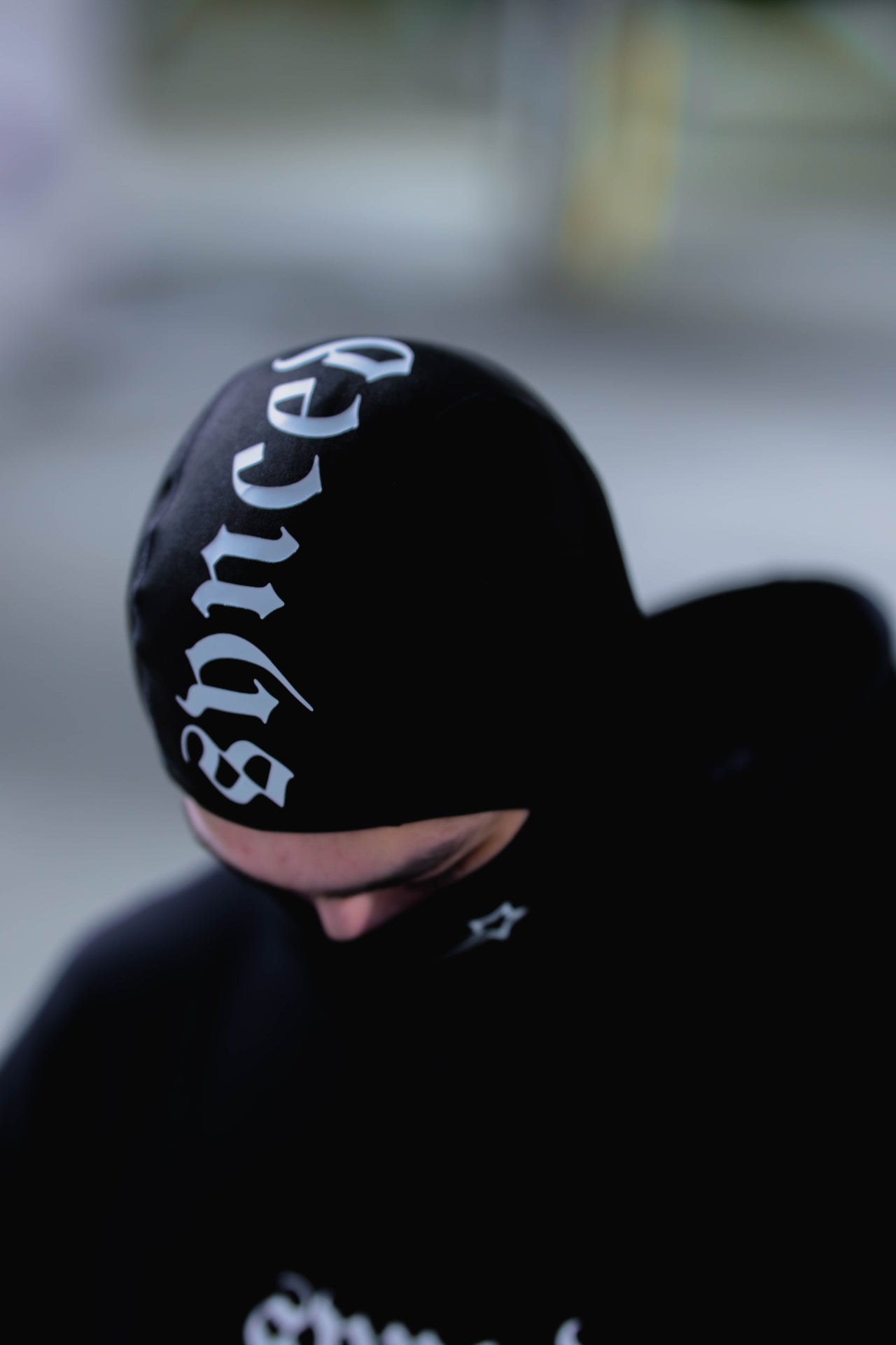 Synced All Season Balaclava top view with gothic branding