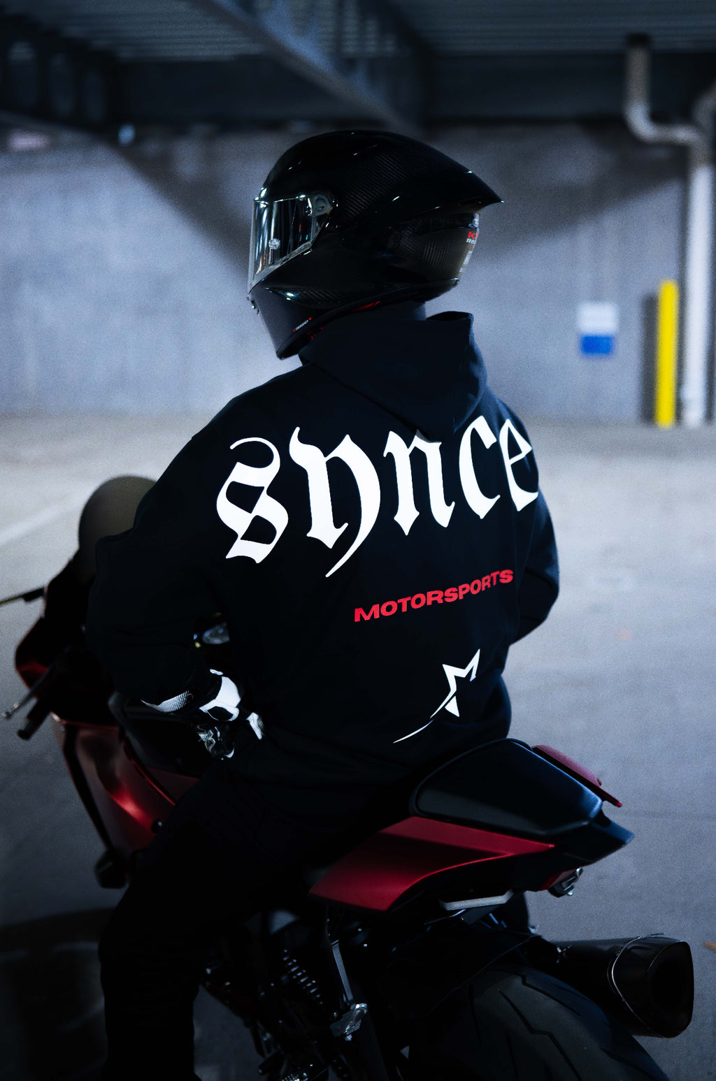 Synced Motorsports Core Hoodie back view with branding